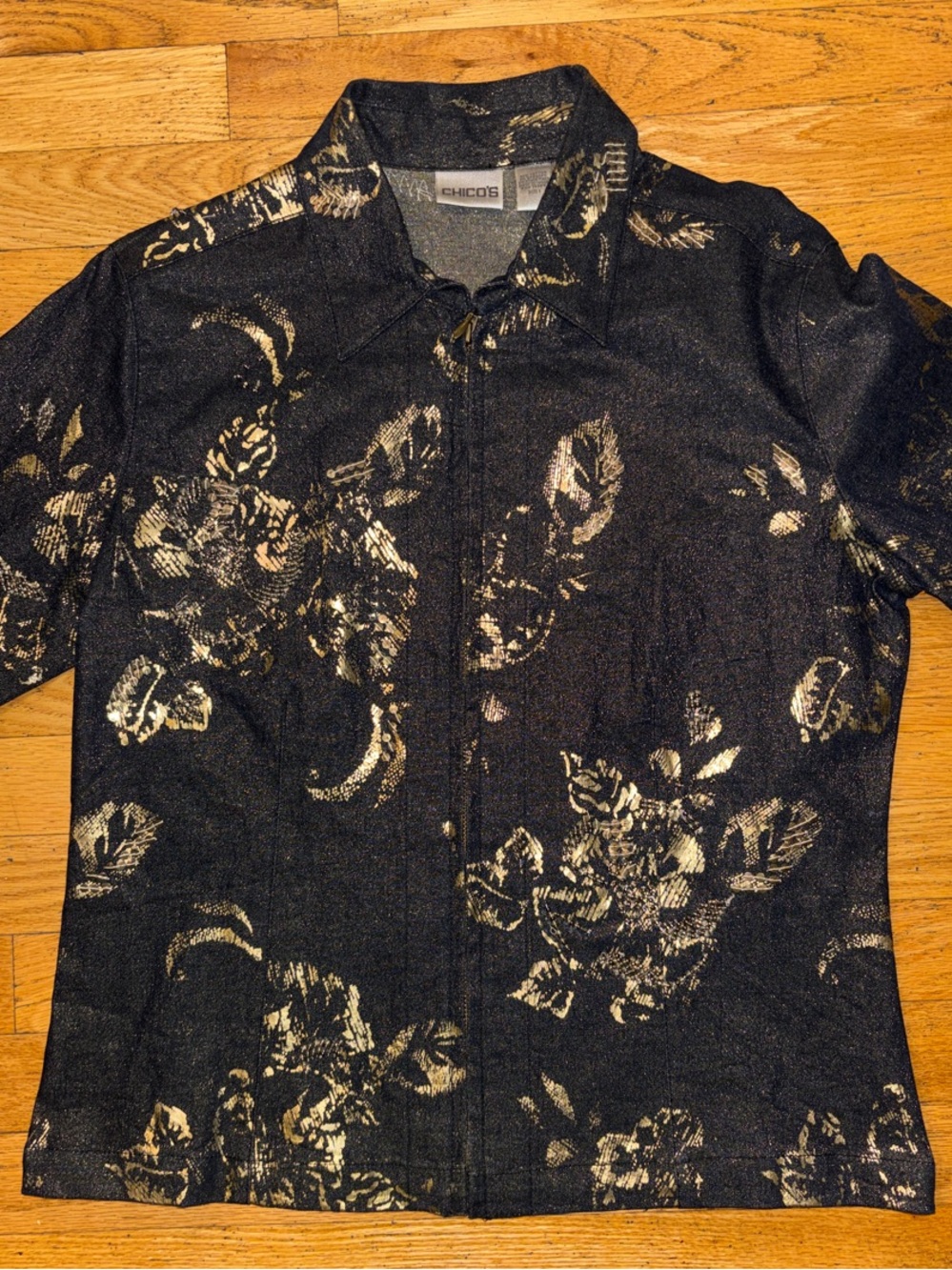 Chico's Women’s Black & Gold Metallic Floral Zip-Up Jacket - Medium